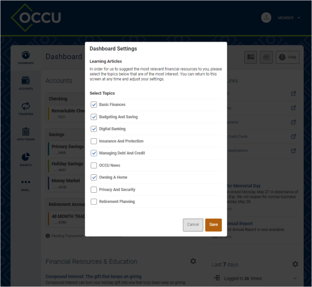 Dashboard settings topics