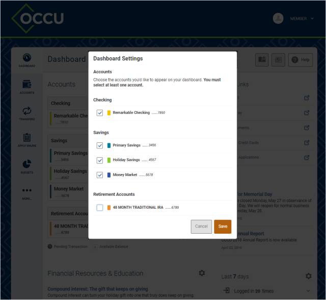 Digital banking dashboard settings menu