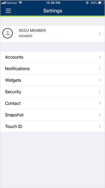 Digital banking settings menu