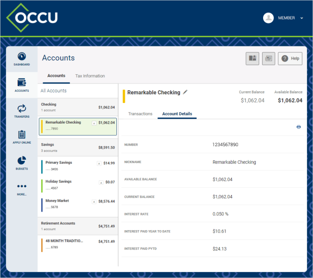 digital banking accounts screen