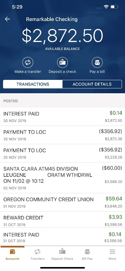 Digital banking balance screen