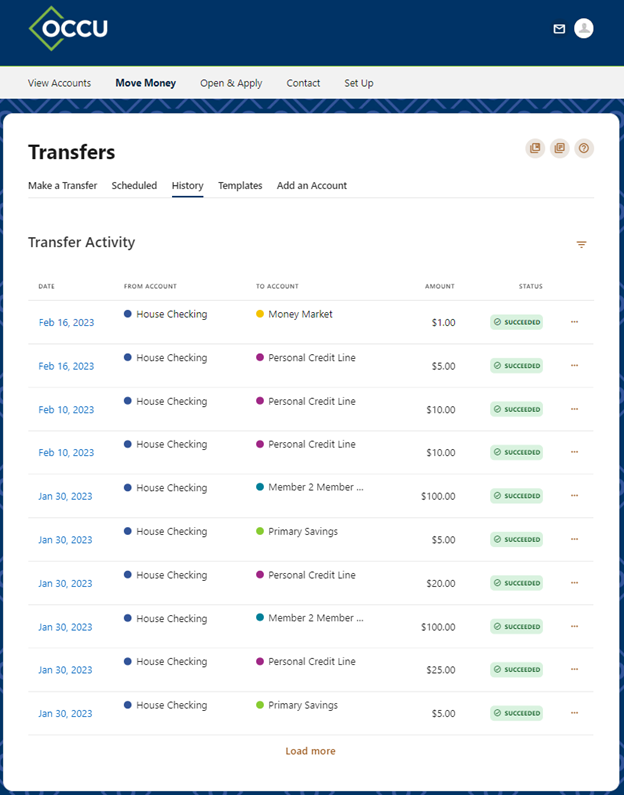 Transfer history screen